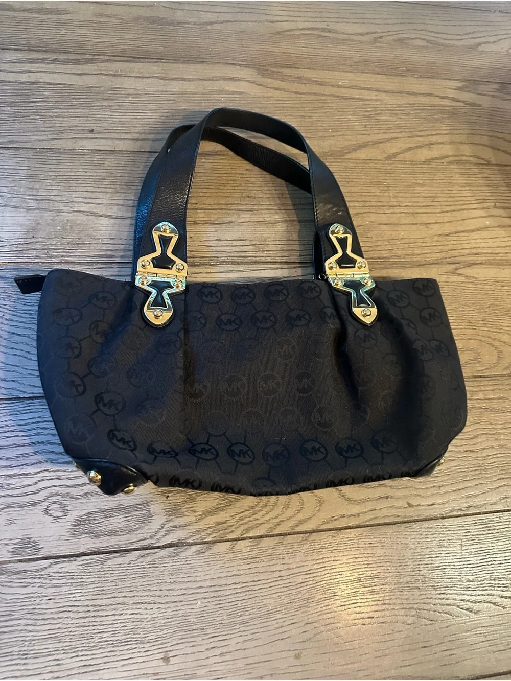 Michael Kors Black MK Logo Shoulder Bag with Gold-Tone Hardware